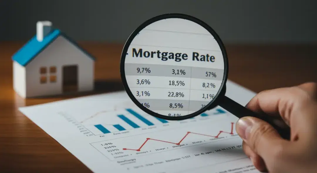 Hand analyzing 2026 mortgage rates on a financial document with housing market trends.