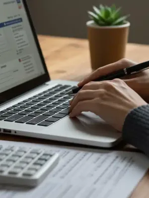 Student completing FAFSA application on laptop with financial documents