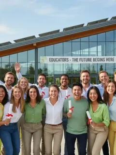 New teachers celebrating graduation in front of a school, symbolizing federal and state incentives.
