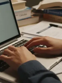 Student typing college application essay on laptop with determination