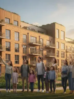 Families and individuals looking at an affordable housing complex, symbolizing government housing assistance programs.