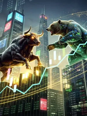 Dynamic chart showing US stock market trends with bull and bear, representing 2026 performance forecast.