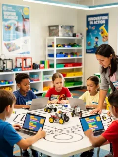Children engaged in STEM activities in a modern classroom setting.