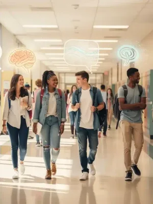Students engaging in supportive conversations in a school hallway, representing mental well-being.