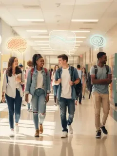Students engaging in supportive conversations in a school hallway, representing mental well-being.