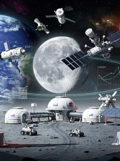 Illustration of NASA 2026 missions, rockets, lunar base, and Mars exploration showcasing future space endeavors and economic returns.