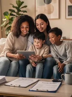 Family reviewing tax documents on a tablet, symbolizing EITC benefits.