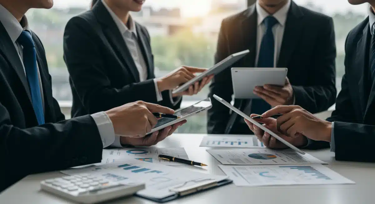 Investors analyzing financial data and discussing strategies for growth