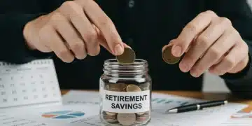Hands placing coins into a retirement savings jar for 2026, symbolizing future financial planning.