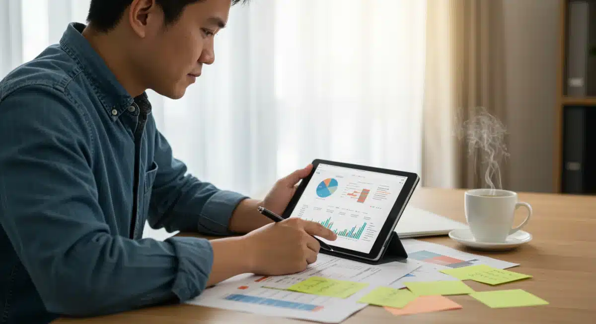 Person reviewing financial statements on a tablet, focusing on retirement accounts.