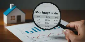 Hand analyzing 2026 mortgage rates on a financial document with housing market trends.