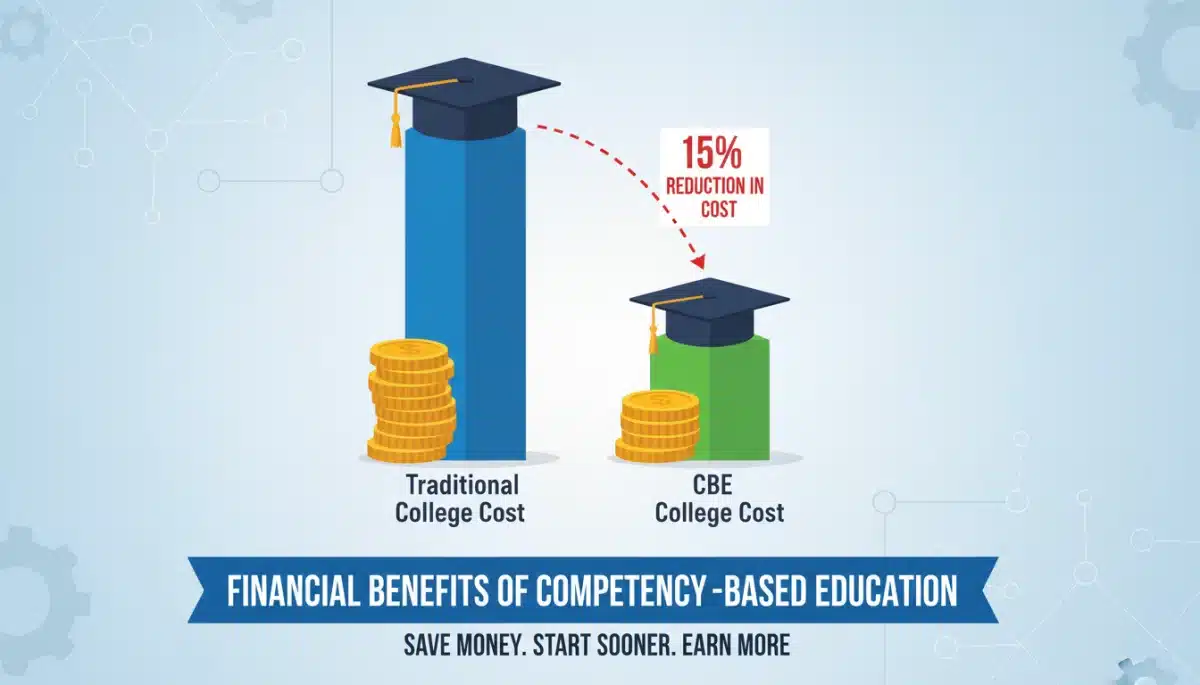 Infographic showing 15% college cost reduction with competency-based education