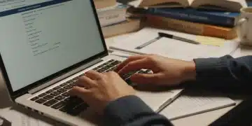 Student typing college application essay on laptop with determination
