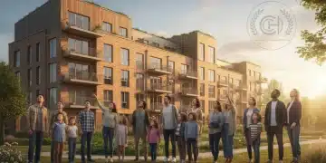 Families and individuals looking at an affordable housing complex, symbolizing government housing assistance programs.