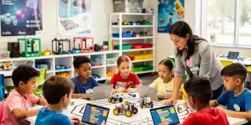 Children engaged in STEM activities in a modern classroom setting.