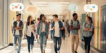 Students engaging in supportive conversations in a school hallway, representing mental well-being.