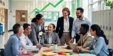 Teachers discussing in a classroom, symbolizing positive trends in US teacher salaries