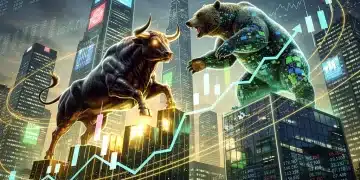 Dynamic chart showing US stock market trends with bull and bear, representing 2026 performance forecast.