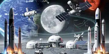 Illustration of NASA 2026 missions, rockets, lunar base, and Mars exploration showcasing future space endeavors and economic returns.