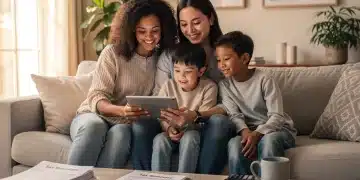 Family reviewing tax documents on a tablet, symbolizing EITC benefits.